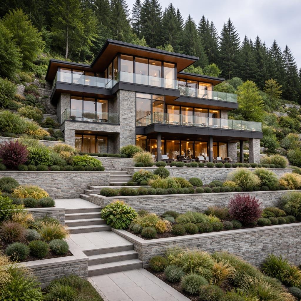 Hillside home in Coquitlam designed with permit drawings for retaining walls and terraced grading