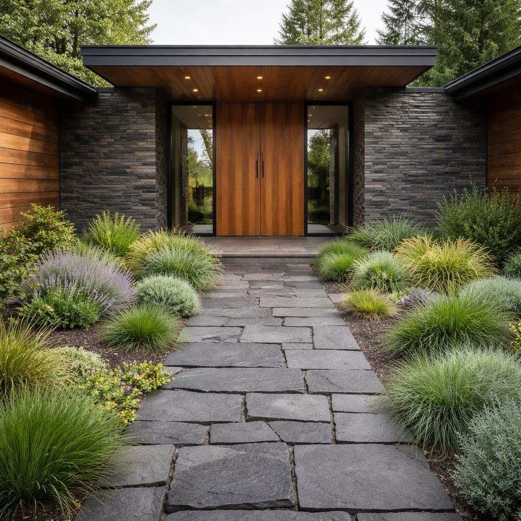 Landscaped front entry path of a new Vancouver home designed to work around existing trees