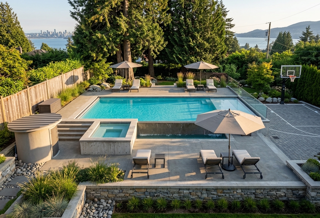 Rear yard and outdoor living area of a custom home designed for a sloped lot in Coquitlam